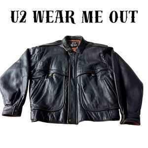 Vintage 80s U2 Wear Me Out Black Leather Bomber Jacket Mens L Flight Biker Mint